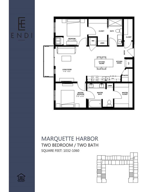 Floor plan for 2 beds, 2 baths, 1051 sqft