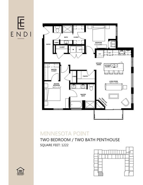 Floor plan for 2 beds, 2 baths, 1222 sqft