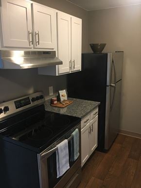 Brighton apartment for rent - Kitchen with white cabinets, grey counter tops, hardwood like flooring, grey walls, and stainless steal stove and fridge.