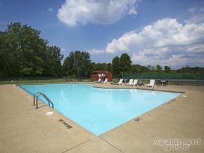 Elyria apartment for rent - Exterior pool surrounded by trees and pool chairs