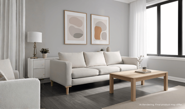Shelby Township apartment for rent - A modern living room with a white sofa, a wooden coffee table, and two abstract paintings on the wall.