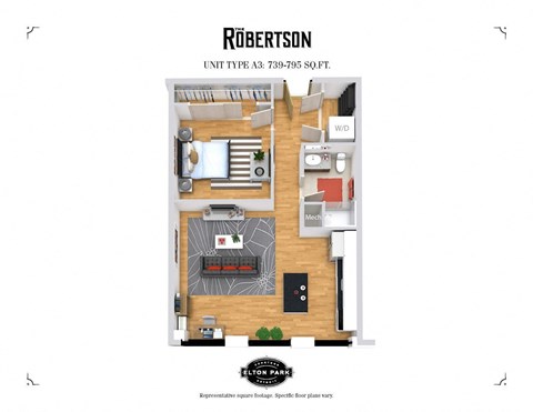 Floor plan for 1 bed, 1 bath, 734 sqft