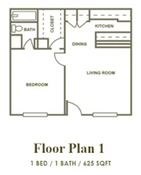 Floor plan for 1 bed, 1 bath, 625 sqft