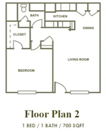 Floor plan for 1 bed, 1 bath, 700 sqft