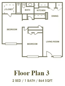 Floor plan for 2 beds, 1 bath, 864 sqft