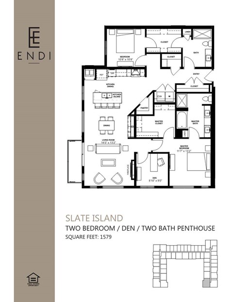 Floor plan for 2 beds, 2 baths, 1579 sqft
