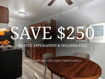 Oak Park apartment for rent - A kitchen interior with a message about saving money on application and holding fees.