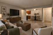 Oak Park apartment for rent - A living room with a couch, coffee table, and television.