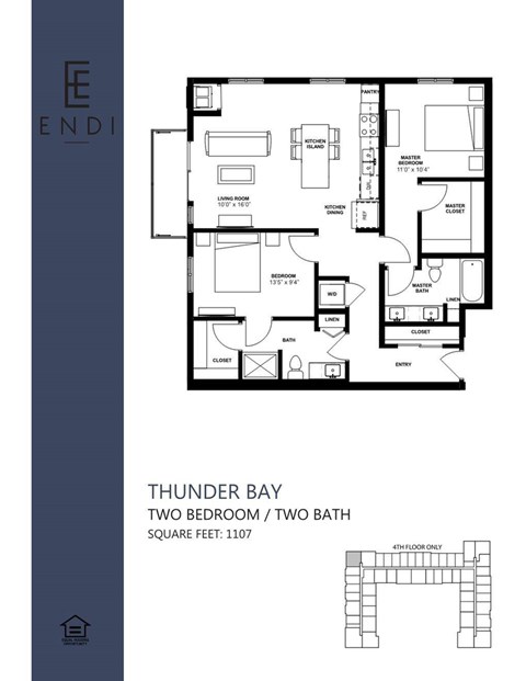 Floor plan for 2 beds, 2 baths, 1107 sqft