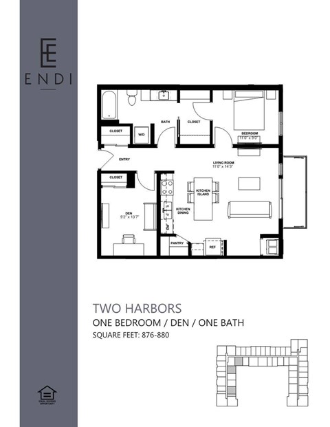 Floor plan for 1 bed, 1 bath, 878 sqft