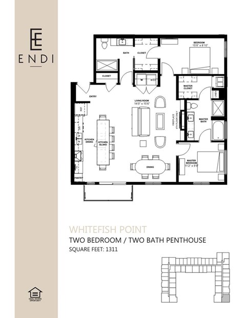 Floor plan for 2 beds, 2 baths, 1311 sqft