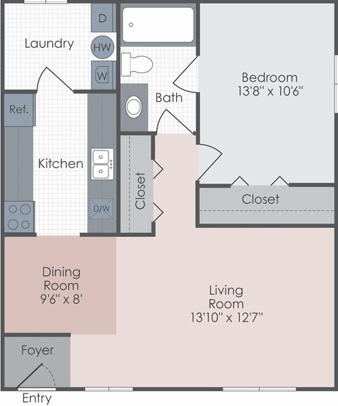 Floor plan for 1 bed, 1 bath, 700 sqft