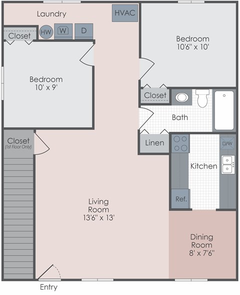Floor plan for 2 beds, 1 bath, 900 sqft