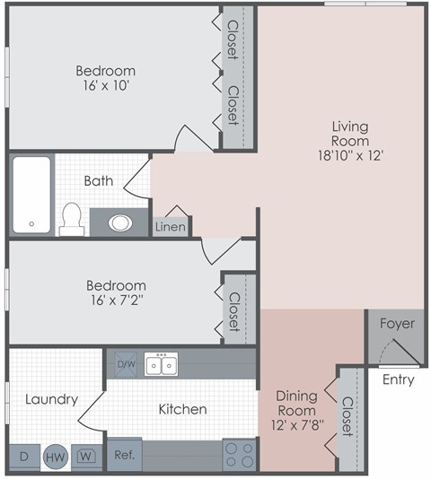 Floor plan for 2 beds, 1 bath, 900 sqft