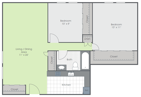 Floor plan for 2 beds, 1 bath, 755 sqft