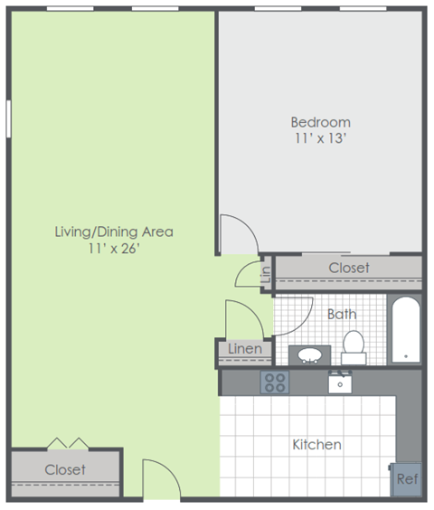 Floor plan for 1 bed, 1 bath, 572 sqft