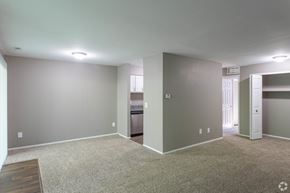 Brighton apartment for rent - Dining room with gray 2-tone painted walls, white accent trim and beige carpet.  Living room looking onto dining room and kitchen.  Closet to right by front door.