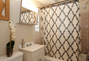 Euclid apartment for rent - Bathroom with brown and white shower curtain