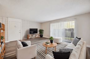 Florissant apartment for rent - A living room with a white couch, a black and white striped pillow, a wooden coffee table, and a flat screen TV.