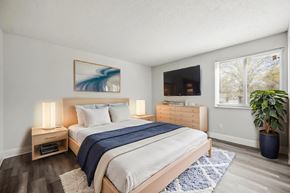 Florissant apartment for rent - A bedroom with a large bed, a TV, and a plant.