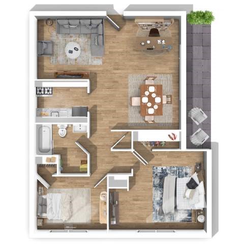 Floor plan for 2 beds, 1 bath, 860 sqft