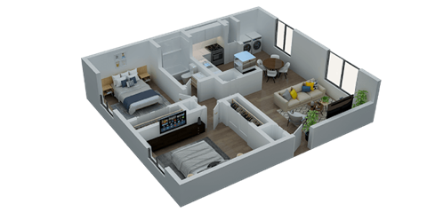 Floor plan for 2 beds, 1 bath, 1045 sqft