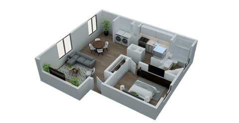 Floor plan for 1 bed, 1 bath, 730 sqft