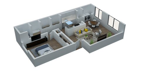 Floor plan for 1 bed, 1 bath, 755 sqft