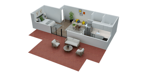Floor plan for studio, 1 bath, 483 sqft