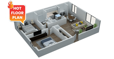 Floor plan for 2 beds, 1 bath, 867 sqft