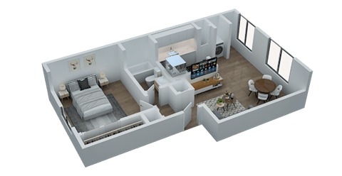 Floor plan for 1 bed, 1 bath, 649 sqft