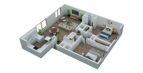 Floor plan for 2 beds, 2 baths, 1045 sqft
