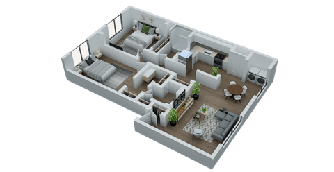 Floor plan for 2 beds, 2 baths, 1107 sqft
