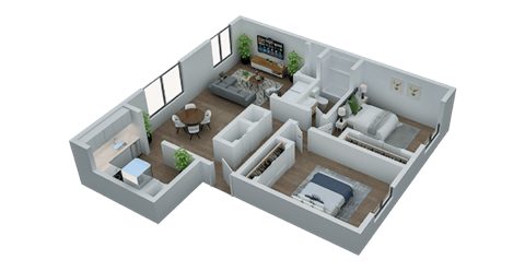 Floor plan for 2 beds, 1 bath, 1045 sqft