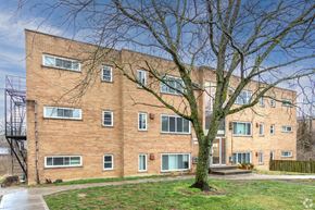 Cincinnati apartment for rent - A tree in front of a brick building with a metal staircase on the left.
