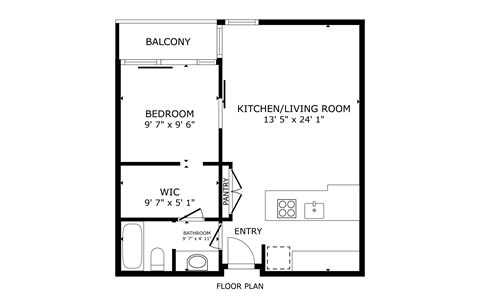 Floor plan for 1 bed, 1 bath, 550 sqft
