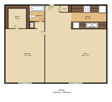 Floor plan for 1 bed, 1 bath, 616 sqft
