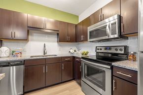 Riverview apartment for rent - a kitchen with stainless steel appliances and wooden cabinets at Pearce at Pavilion Luxury Apartments, Riverview, Florida