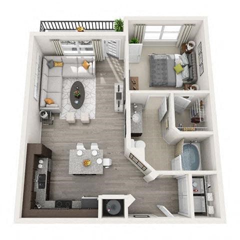 Floor plan for 1 bed, 1 bath, 737 sqft
