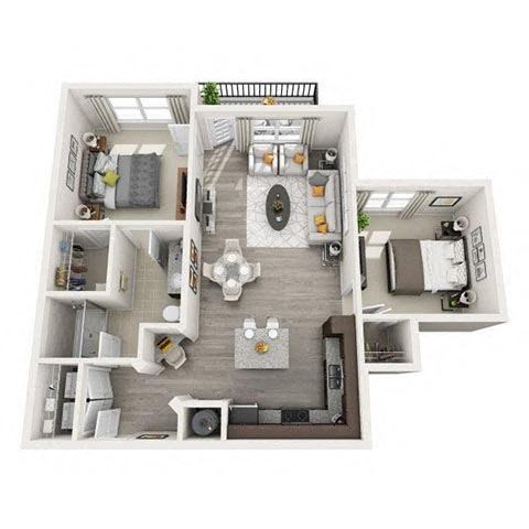Floor plan for 2 beds, 1 bath, 927 sqft