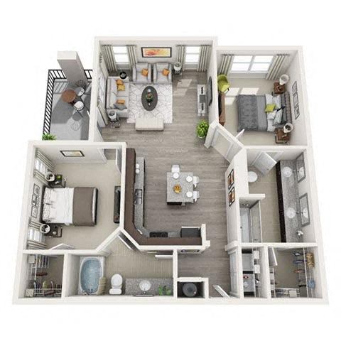 Floor plan for 2 beds, 2 baths, 1080 sqft