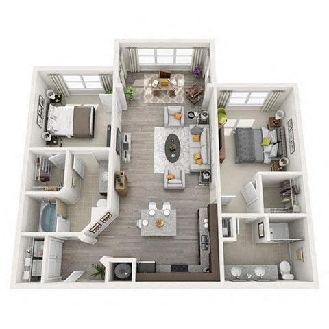 Floor plan for 2 beds, 2 baths, 1184 sqft