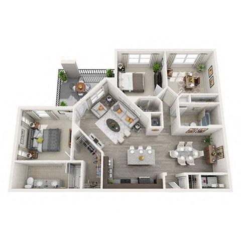 Floor plan for 3 beds, 2 baths, 1280 sqft