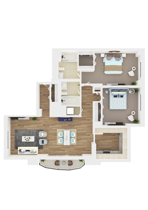 Floor plan for 2 beds, 2 baths, 1234 sqft