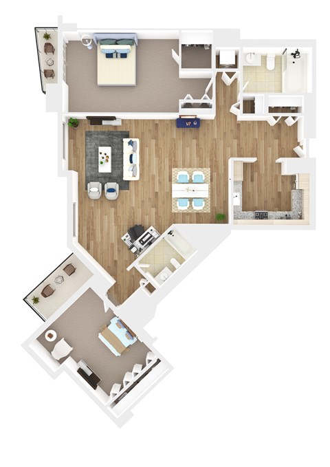 Floor plan for 2 beds, 2 baths, 1281 sqft