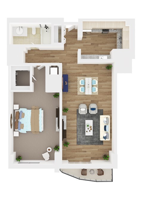 Floor plan for 1 bed, 1 bath, 858 sqft