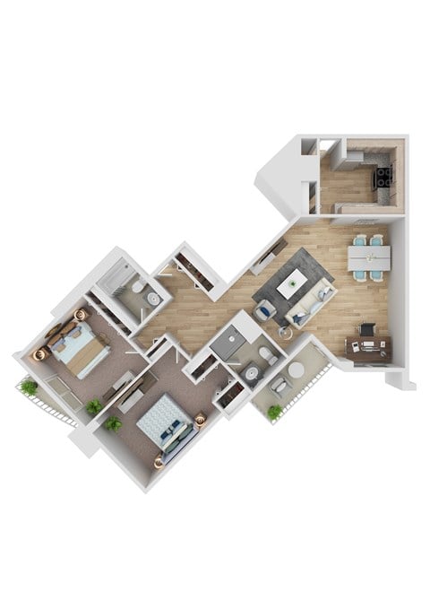 Floor plan for 2 beds, 2 baths, 1268 sqft