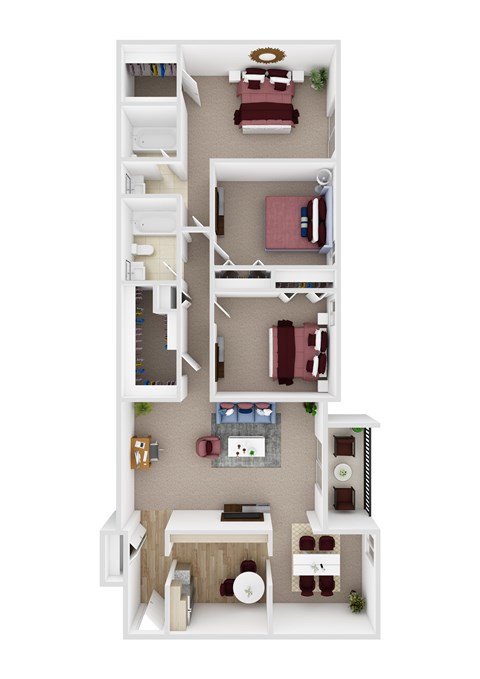 Floor plan for 3 beds, 2 baths, 1220 sqft