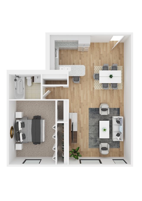 Floor plan for 1 bed, 1 bath, 750 sqft