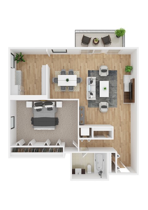 Floor plan for 1 bed, 1 bath, 797 sqft